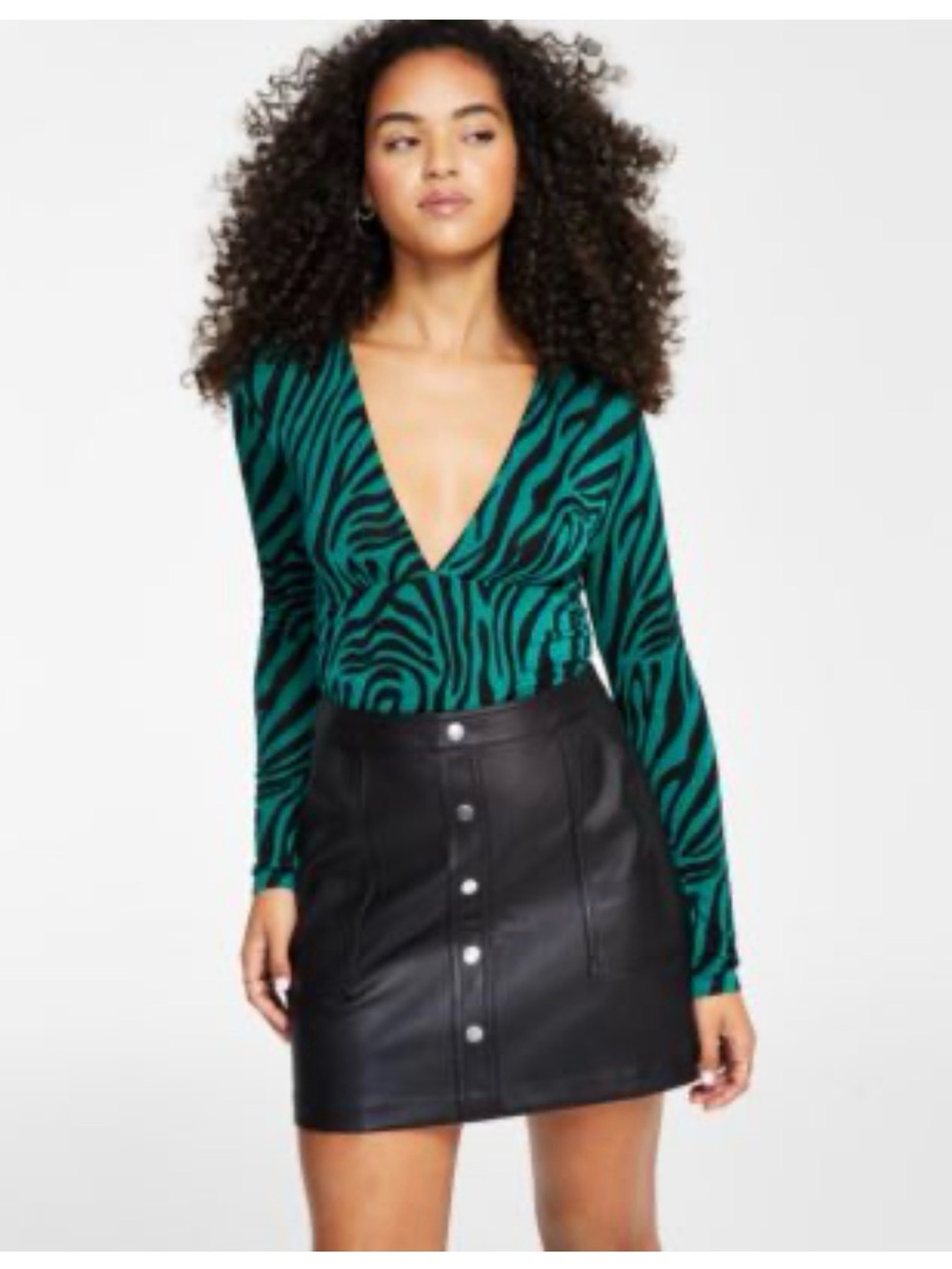 bar III Teal and Black Zebra-Print Deep-V Long‎ Sleeve Bodysuit Size Small